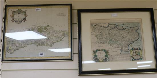 Richard Brome, a hand-coloured map of Kent, 1670 and Robert Morden, a hand-coloured map of Sussex (2)